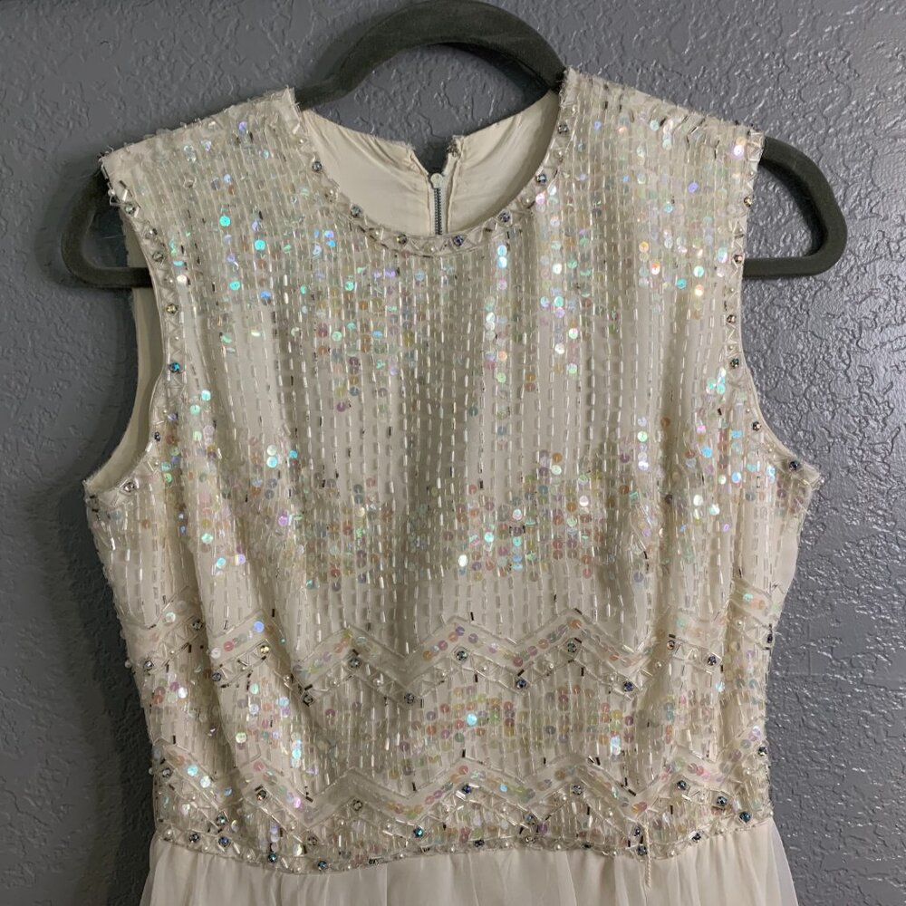 1970s Vintage Jack Bryan Cream Chiffon & Sequin Maxi Party Dress READ - Picture 3 of 12